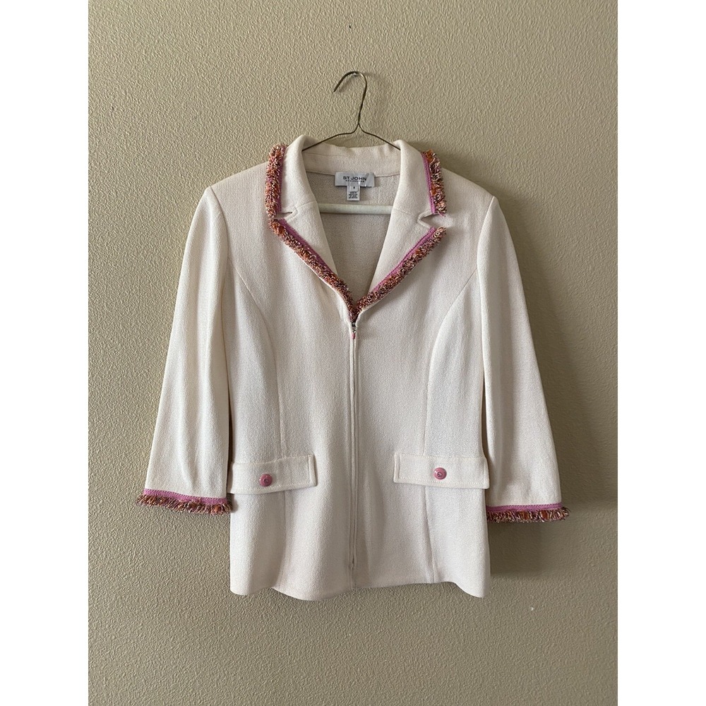 ST.JOHN Women's Knit Cream‎ Pink Trim Zipper Blazer Jacket Wool Blend Size 8